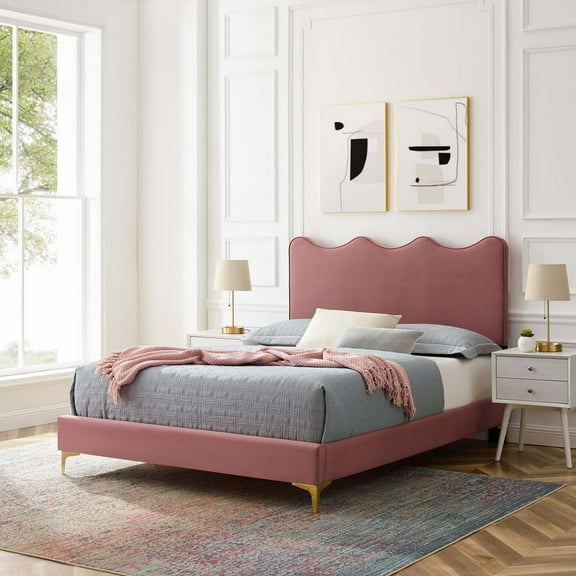Modway Current Performance Velvet Queen Platform Bed in Dusty Rose