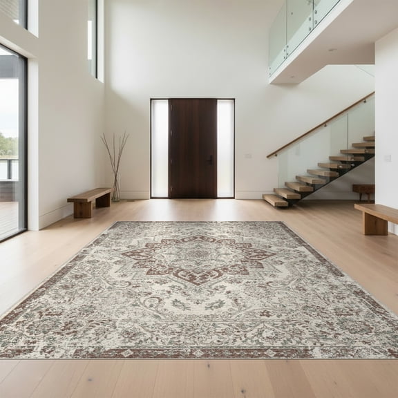 Design&I 8'x10' Washable Area Rug Extra Large Skid-Resistant Low Profile Vintage Boho Faded Ivory Teal Symmetrical Transitional Kilim for Living Room, Family