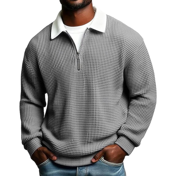 OIOLOYJM Mens Waffle Shirt Casual Henley Golf Shirt Long Sleeve Knitted T-Shirt Cozy Trendy Soft Dressy 1/4 Zip Pullover Tops Gray L