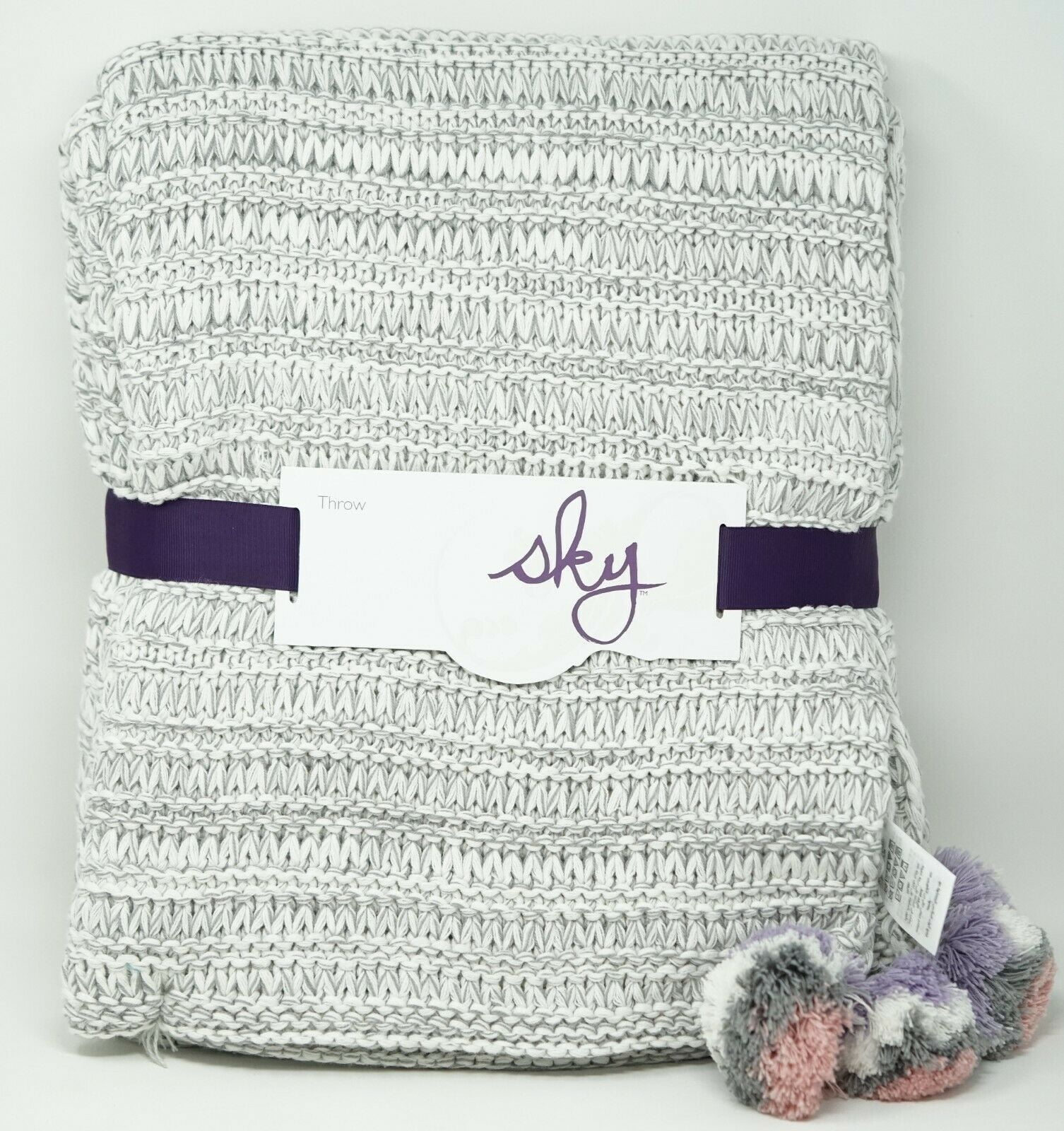 Sky Home Marled Knit 50" x 60" Cotton Blend Throw Blanket with Pom Poms