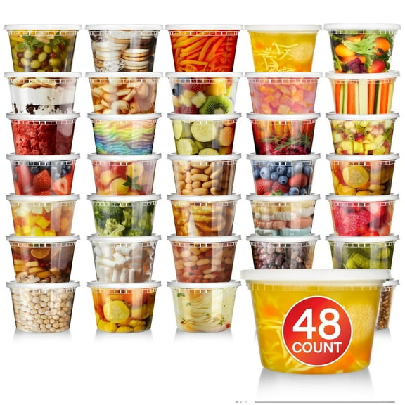 Stock Your Home 16oz Plastic Deli Containers with Lids (48 Pack), Disposable Plastic Food Storage Containers with Lids, Reusable Freezer Containers, To Go Soup Containers with Lids, Microwave Safe