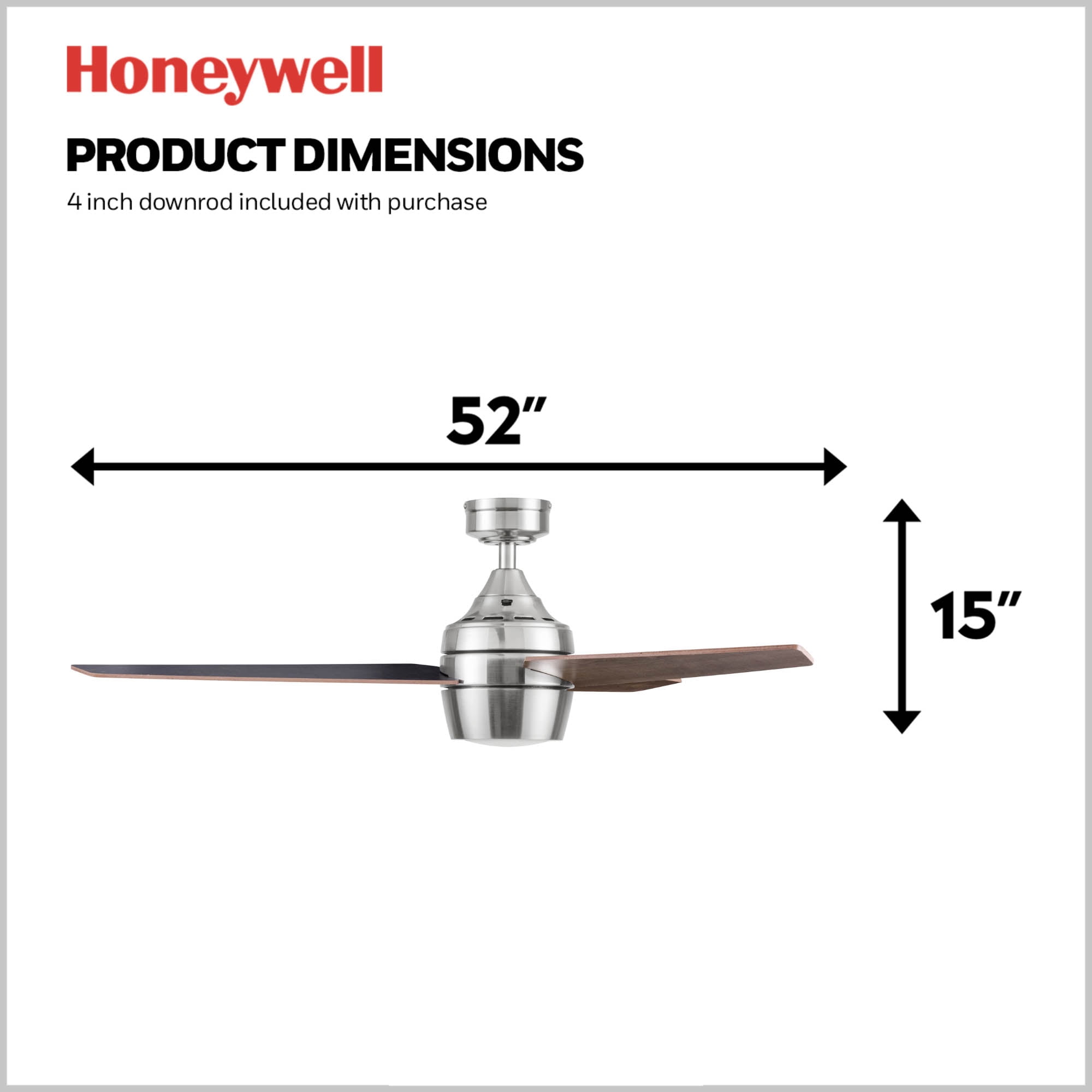 Honeywell Eamon 52" Modern Brushed Nickel Remote Control Ceiling Fan with Integrated LED Light, 3 Blade