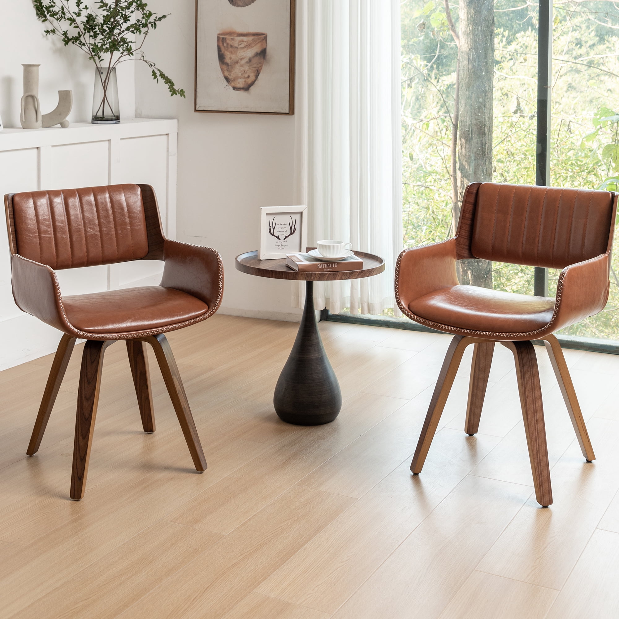 FOWEOAIU Modern Dining Chairs,Leather Upholstered Walnut Wood With rotation Kitchen Dining Chairs , Brown (Set of 2)