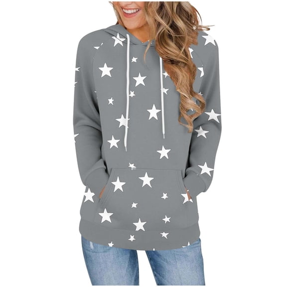 Women's Color Block Printed Hooded Sweatshirt Long Sleeve Loose Top with Pocket Casual Fashion