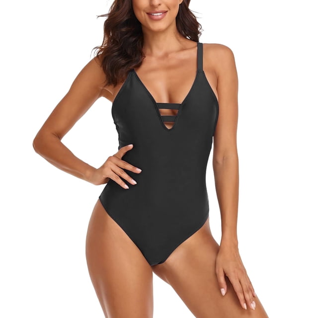 Gibobby Traje de Baño Sexy Bikini Mono de mujer Trajes de baño Color sólido Hueco Sexy Deep V Adelgazante Traje de baño Cuello en V Traje de baño(Negro,G)