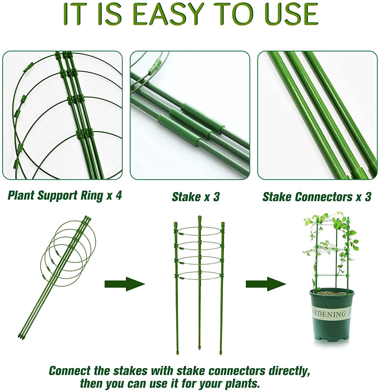 3 Packs Plant Support Cages Tomato Cage for Garden- 36 Inch Adjustable Garden Cucumber Trellis Plant Stakes, Trellis Support Rings for Climbing Plants, Pots, Indoor Plants with 10 Plant Clips