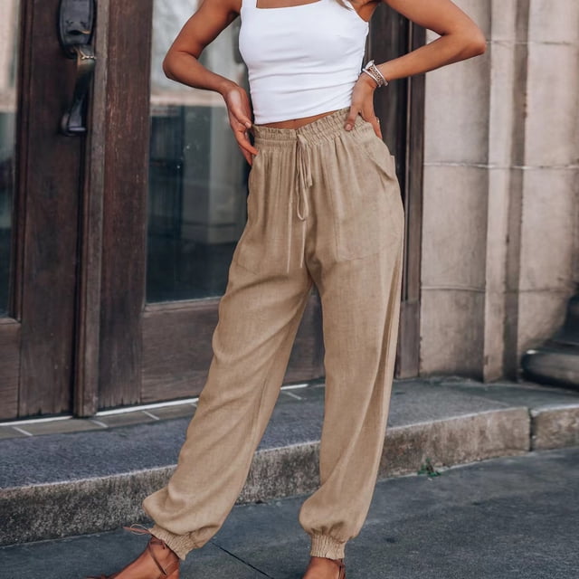 Pantalones Bombachos Pantalones bombachos de cintura elástica para mujer, pantalones deportivos informales de algodón, parte inferior (caqui XXL) Cgtredaw Para estrenar
