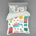 thumbnail image 2 of Saying Duvet Cover Set, Composition of Cartoon Elements Flowers Animals Apartments Car Tree, Bedding Set with Shams and Fitted Sheet, 3 Sizes, by Ambesonne, 2 of 3