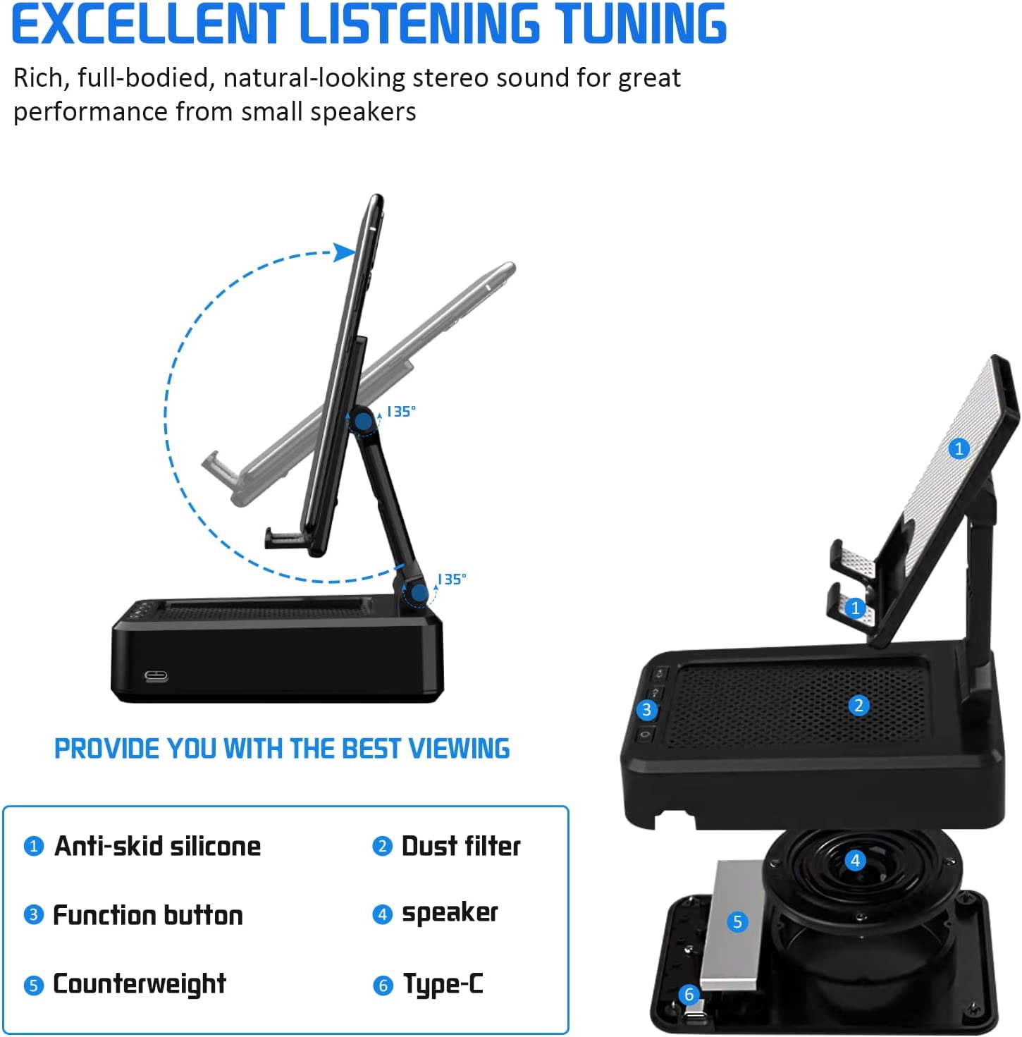 Manelord Cell Phone Stand with Wireless Bluetooth Speaker Compatible for iPhone/Samsung/iPad Tablet, Anti-Slip Design Phone Stand with HD Surround Sound for Home,Office,Outdoor etc