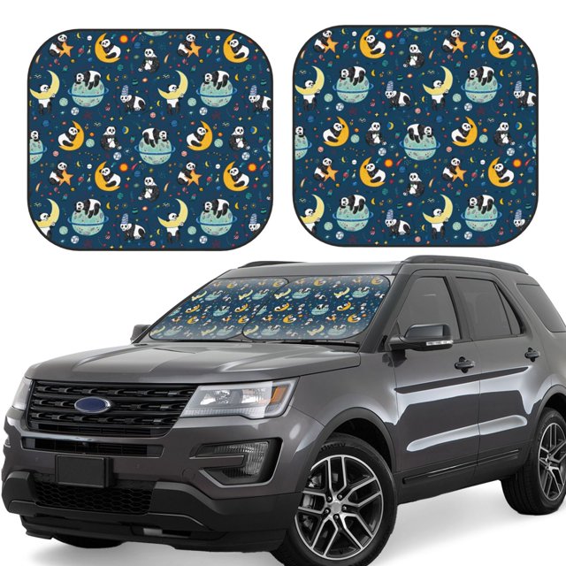 Fotbe Space Sleeping Panda Juego de 2 Piezas de Parasoles para Parabrisas | Bloqueador Solar para Auto | Accesorios Plegables para Protección Solar Interior-Large