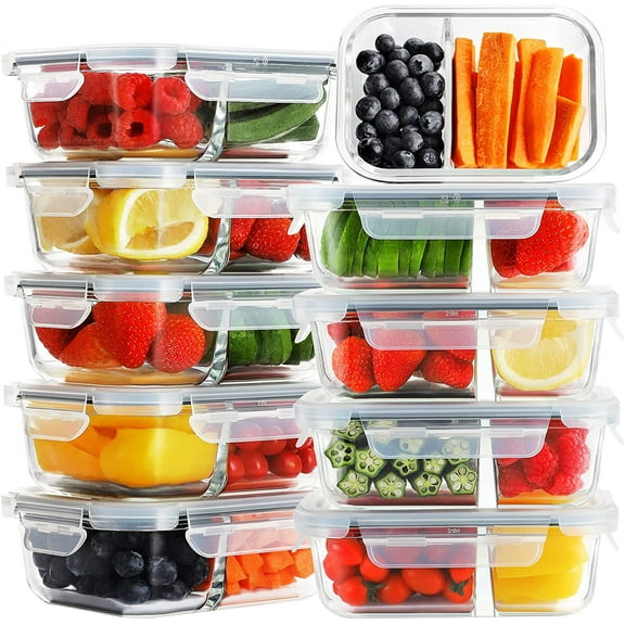 10 Pack Glass Meal Prep Containers 2 Compartment, Food Storage Airtight Glass Lunch Bento Boxes, BPA-Free & Leak Proof (10 lids & 10 Containers) - Grey