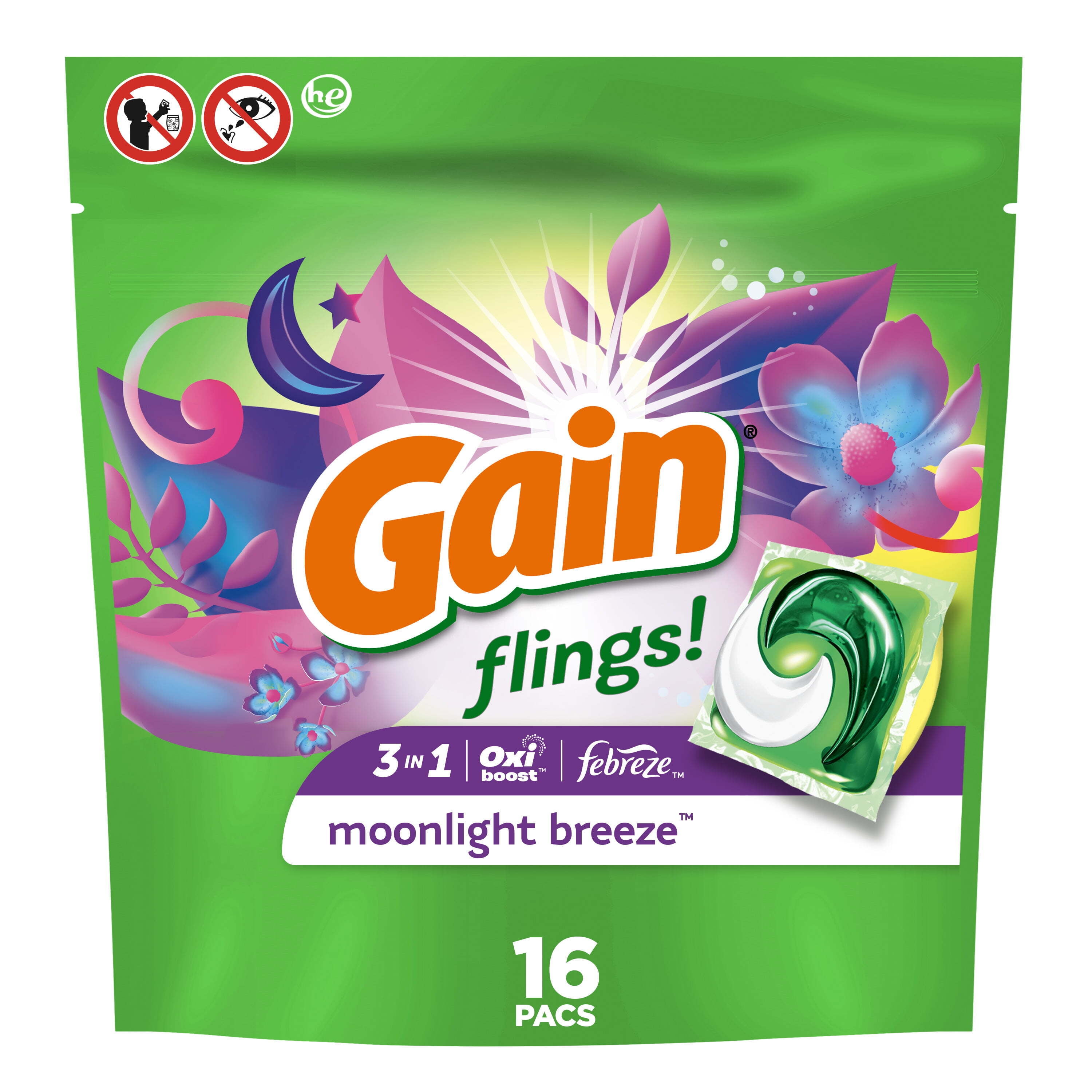 Gain Flings Laundry Detergent Soap Pacs, 16 Ct, Moonlight Breeze