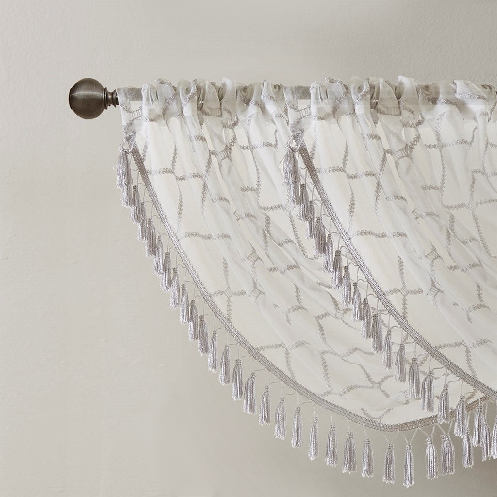 MAYEERTY 38x46" Diamond Sheer Embroidered Waterfall Valance, White/Grey
