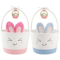 CHERISHGARD 2 Pack Easter Cute Bunny Baskets for Kids Egg Hunt，Basktes with Bunny Ears，Small Woven Rope Baskets for Organizing, 8L