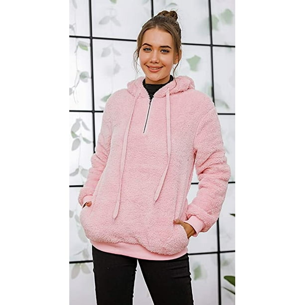 Womens Fuzzy Sherpa Hoodies Pullover Zip Fleece Sweatshirt Outwear