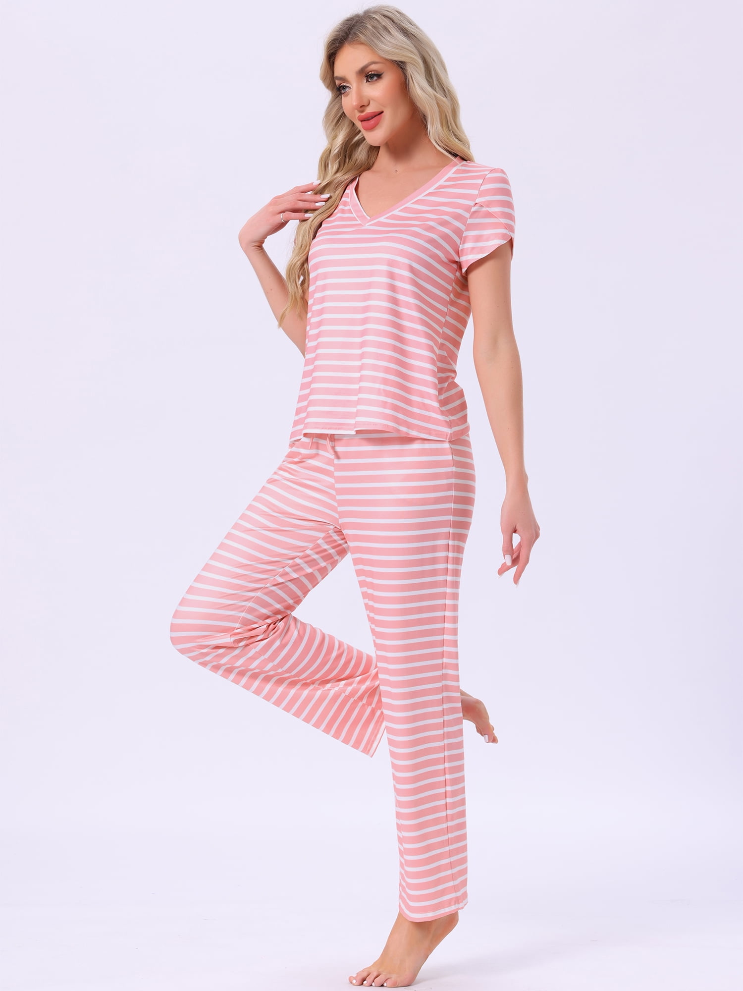 DARING DIVA Pajamas V Neck Top Drawstring Pants Sleepwear Lounge Sets L Pink Striped