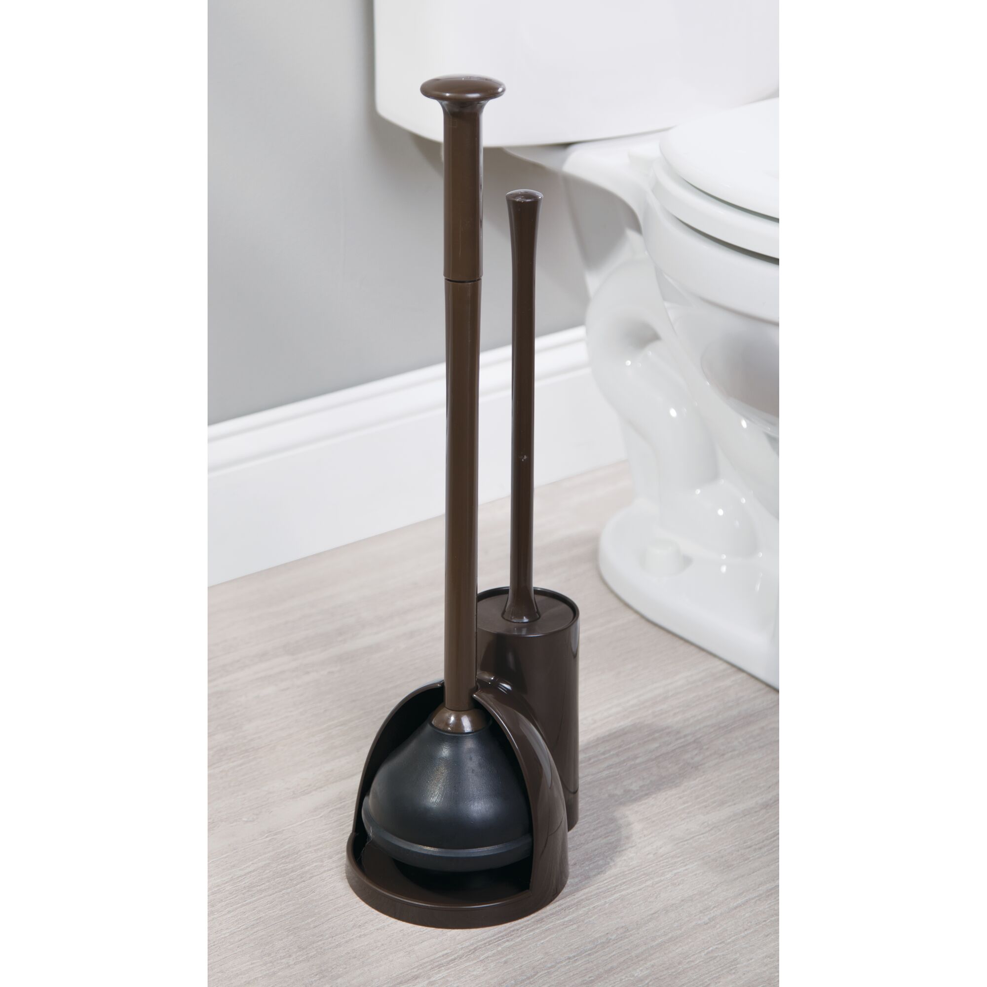 mDesign Hidden Plunger and Brush Set for Toilet Bowl - Dark Brown