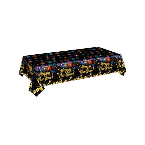 Dadiaei Happy New Year Plastic Tablecloth Black Gold White Party Tablecloth 107.87x53.94in Waterproof Disposable for Holiday Dinner Decor Table Setting Supplies