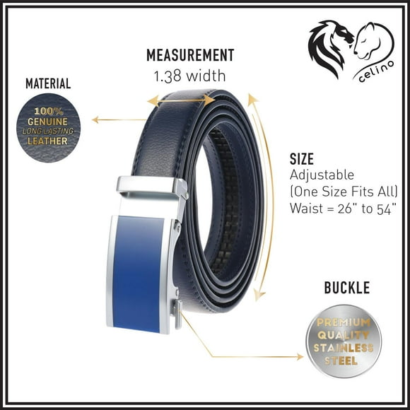 Celino Blue Buckle Adjustable Ratchet Slide Buckle 100% Genuine Leather Belt for Men, One Size Fits All, Made in Europe