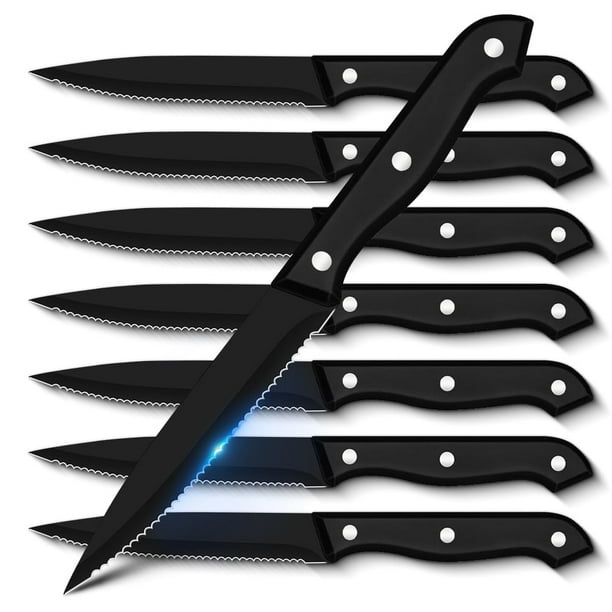 Myvit Steak Knives Juego de 8, Cuchillos de Pan Dentados Negros de Acero Inoxidable con Alto Contenido de Carbono, Juegos de Cubiertos de Cocina, Cuchillos de Carne para Cena para Fiesta en Casa