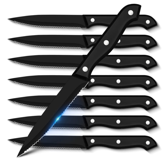 Myvit Steak Knives Juego de 8, Cuchillos de Pan Dentados Negros de Acero Inoxidable con Alto Contenido de Carbono, Juegos de Cubiertos de Cocina, Cuchillos de Carne para Cena para Fiesta en Casa