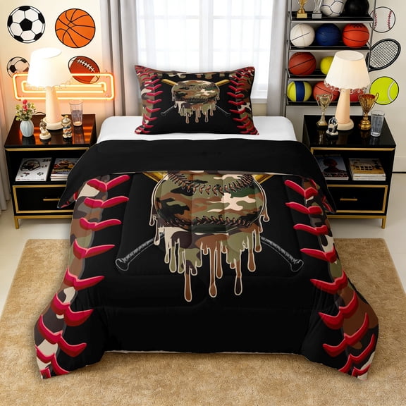 Erosebridal Teens Abstract Camouflage Baseball Twin Comforter Sets 3-Piece,Sport Theme Bedding Set for Kids Boys,Black Reversible,Breathable Home Decor