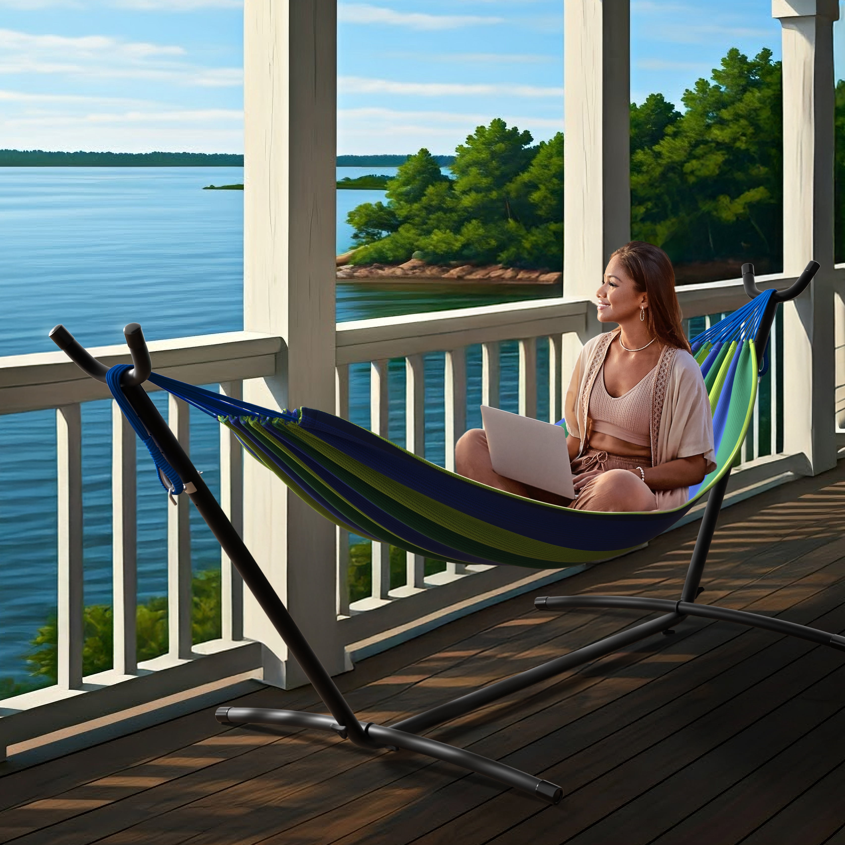 Sorbus Double Hammock w/ Steel Stand, Carry Case, 6 Tension Levels, 450 lb Capacity, Indoor/Outdoor Blue/Green