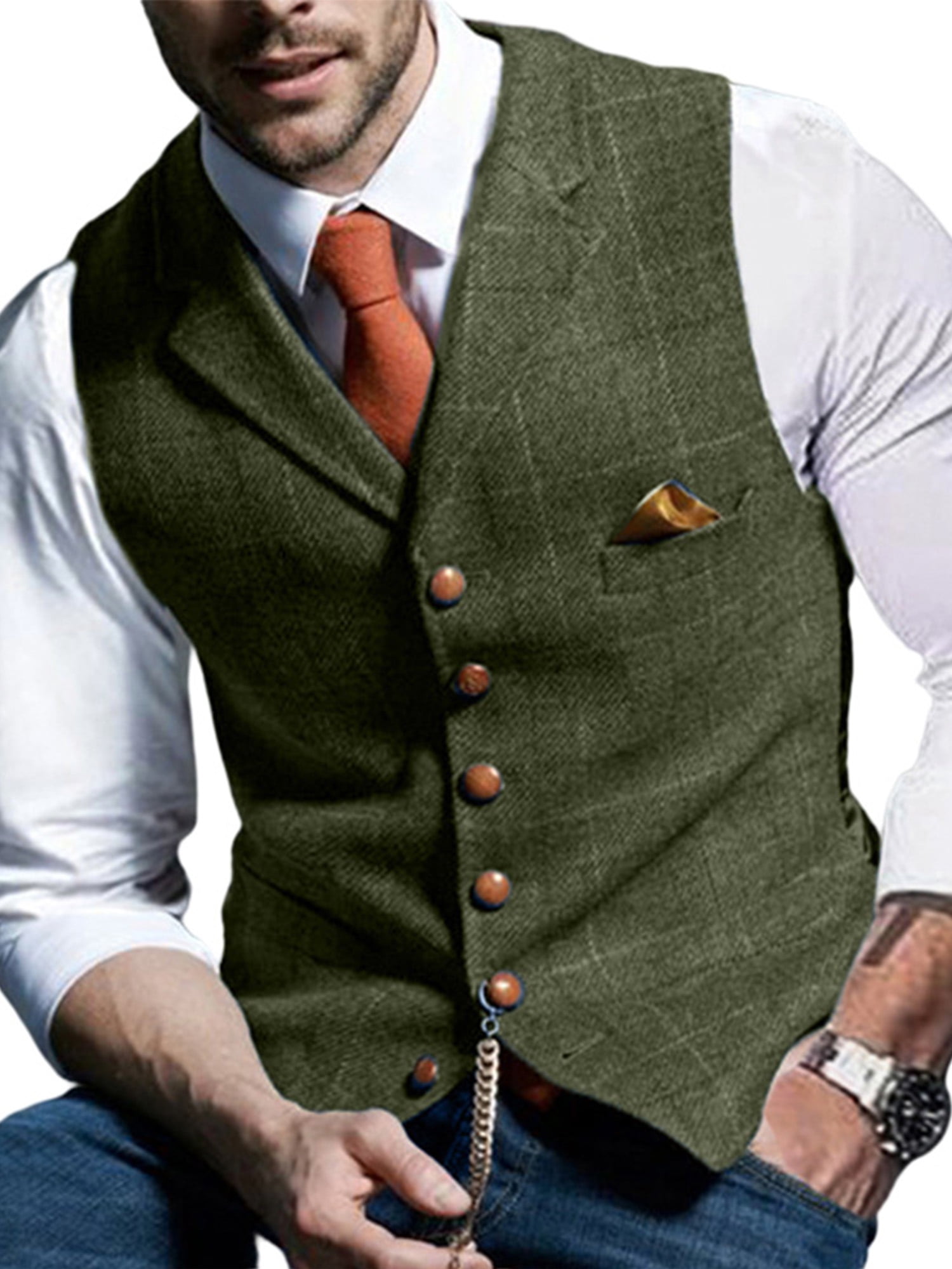 Mens Suit Vest Retro Tweed Waistcoat Plaid Slim Formal Wool Blend Herringbone 