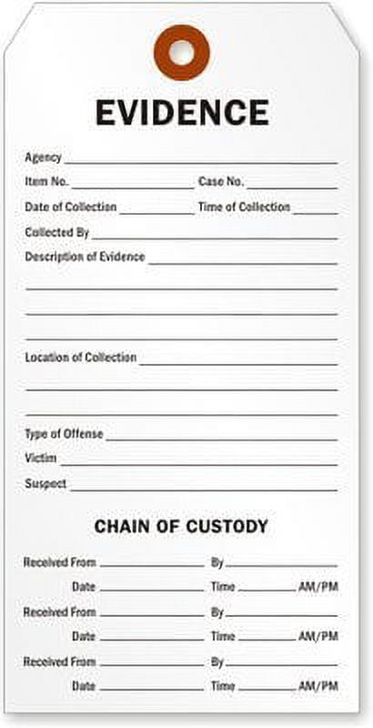 "Evidence" and"Chain of Custody" Tag, 6.25" x 3.125" Durable White Cardstock with Reinforced Hole, Pre-Wired - Pack of 100 Tags