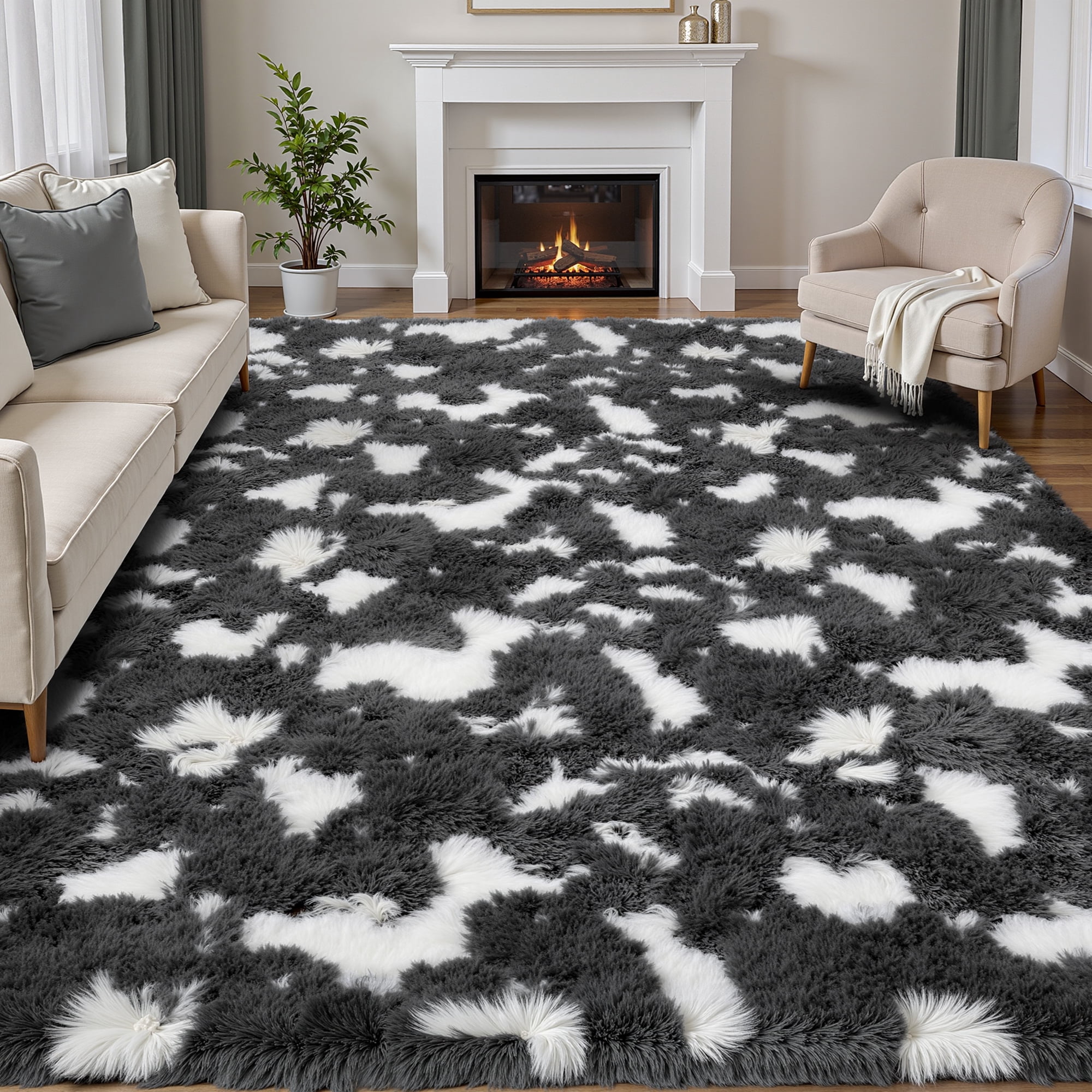 Lalado 8ft x 10ft Shag Area Rug, Soft Fluffy Indoor Tie-Dye Area Rugs for Living Room Bedroom Decor Carpet, Gray & White