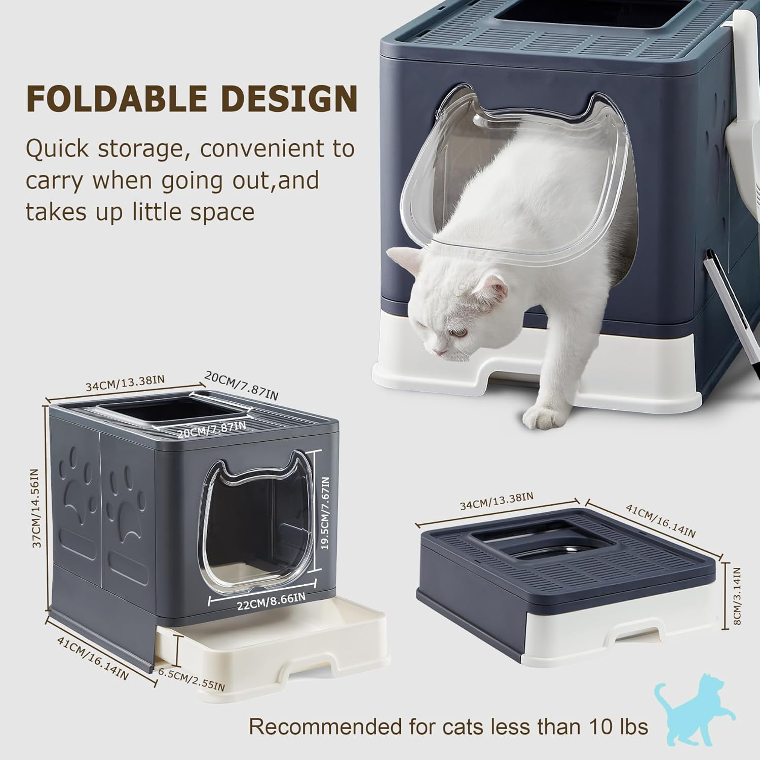 Cat Litter Box with Lid, Foldable Enclosed Covered Top Entry Kitten Litter Boxes for Growing Cats, Drawer Type Kitty Toilet with in/Out Front Door