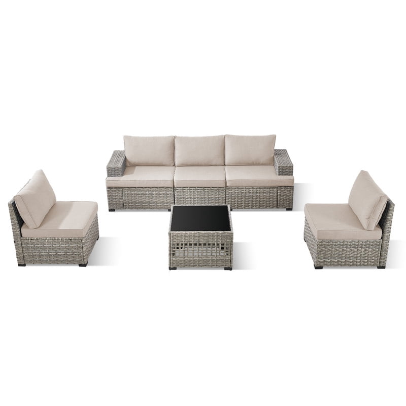 PARKWELL 6 Pieces Outdoor Modular Furniture Sets,Patio Sectional Sofa Set with Coffee Table,All-Weather Rattan Wicker Conversation Set for Backyard Deck,Taupe/Beige