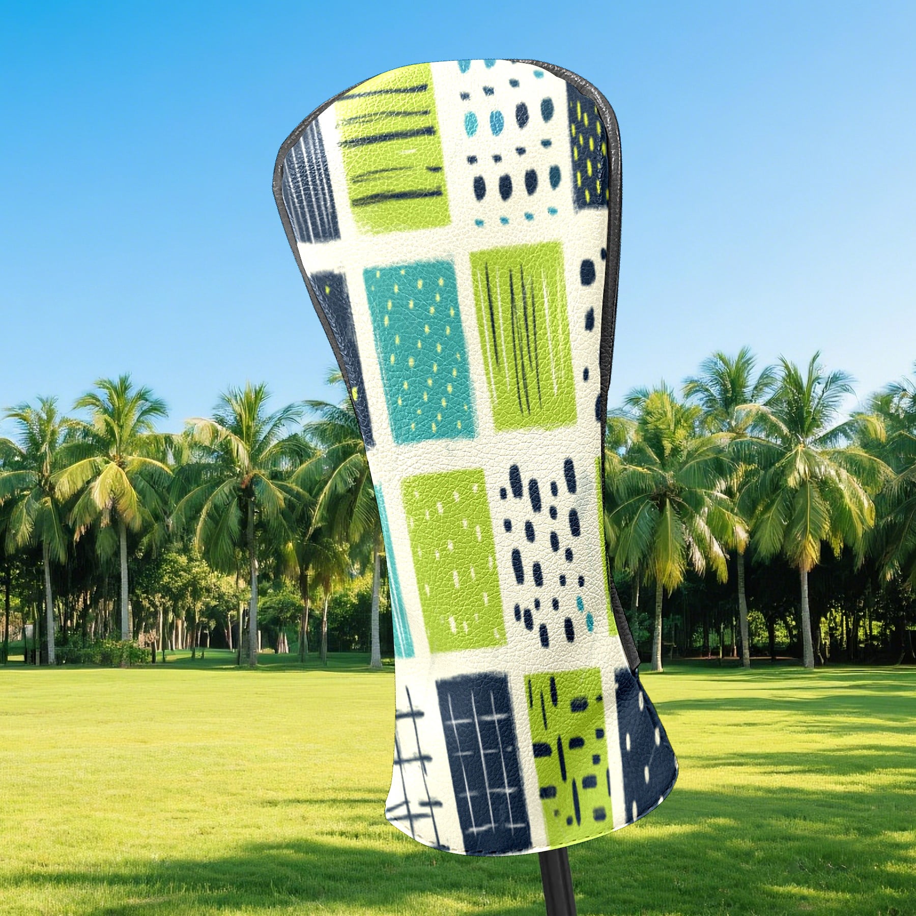 Golf Club Head Cover Waterproof Leather Golf Accessories HeadCovers Set Driver Headcover for Women Men Green And Blue Square Pattern
