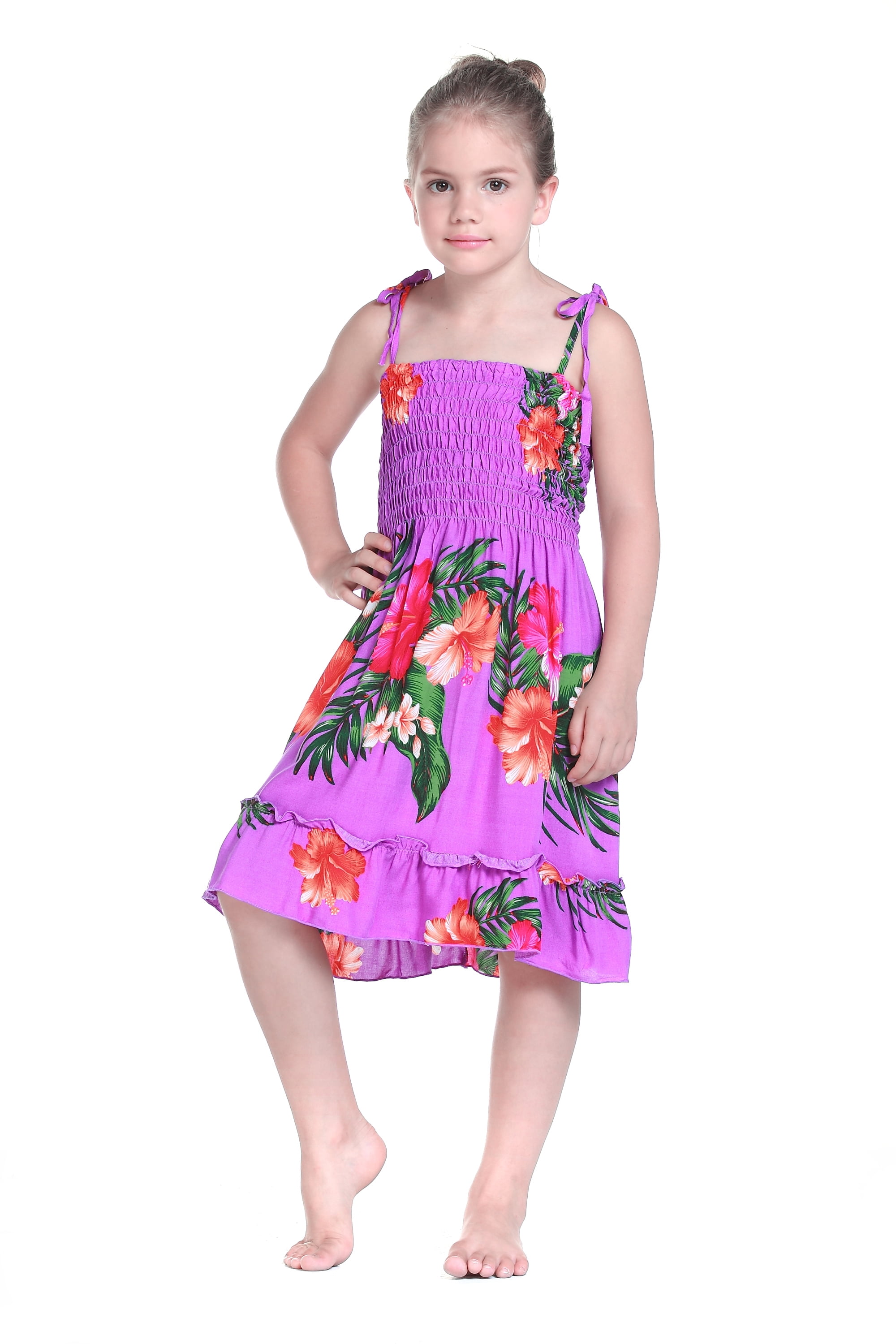 Girl Elastic Ruffle Hawaiian Luau Dress in Purple Floral 2T - Walmart.com