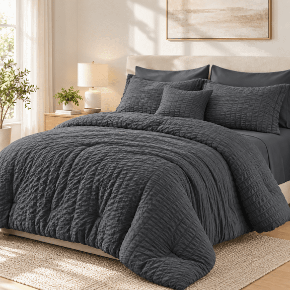 SUNNY HEAT Queen Size Comforter Set, 7-Piece Seersucke Bed in a Bag, Dark Gray All Season Ultra Soft Down Alternative Bedding Set with Sheets, Pillowcases & Pillow Shams