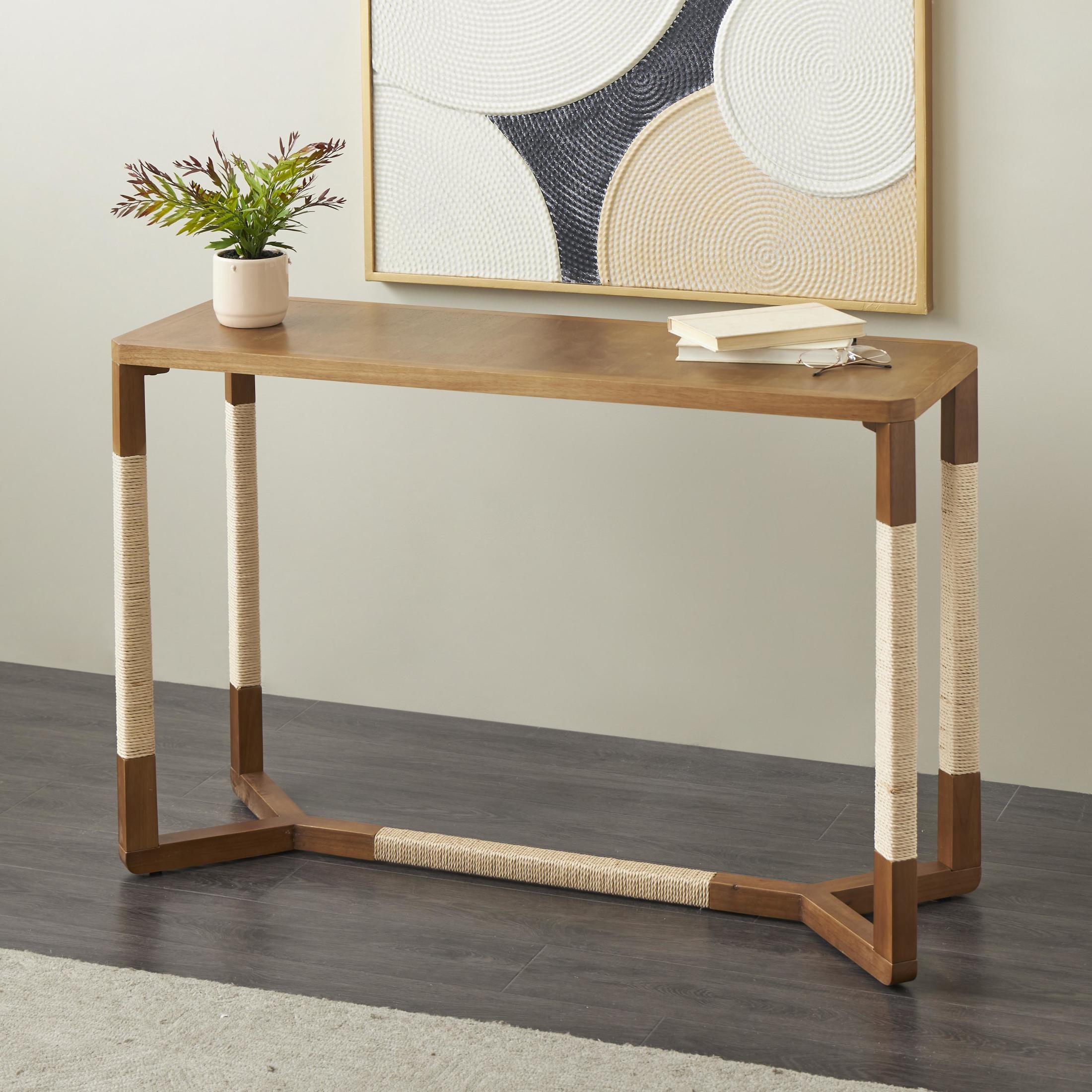 DecMode 47" x 31" Brown Wooden Rectangular Console Table with Rope Wrapped Frame, 1-Piece