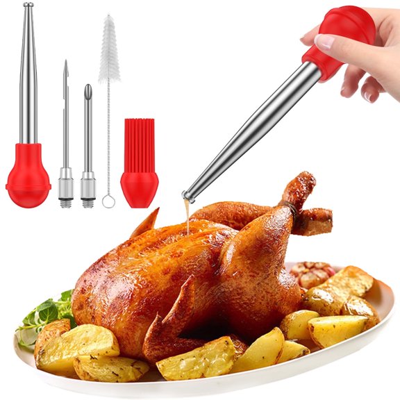 Turkey Baster Stainless Steel Turkey Baster Syringe with Cleaning Brush Meat Marinade Injector with 2 Needles and Detachable Silicone Round Bulb Meat Baster for BBQ Grill Baking Kitchen Cooking