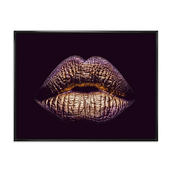 Designart 'Sexy Golden Metallized Woman Lips III' Modern Framed Canvas Wall Art Print