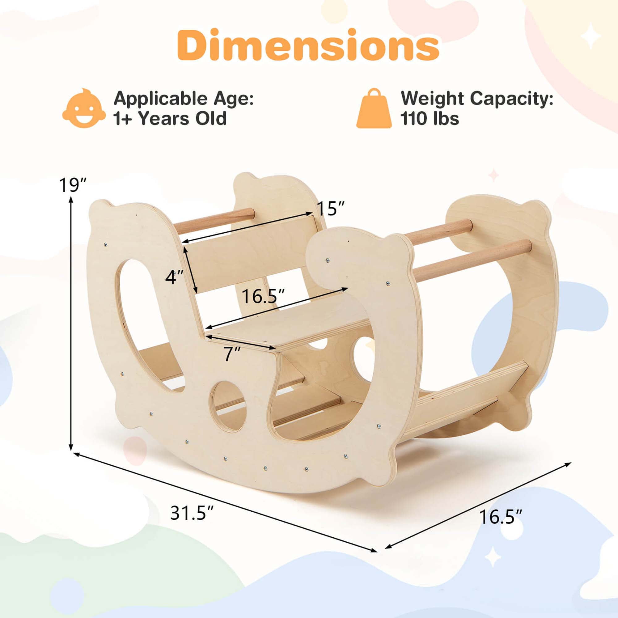 Costway 2-in-1 Rocking Horse Arch for Kids with Rocker Arch Climber Comfortable Backrest Natural