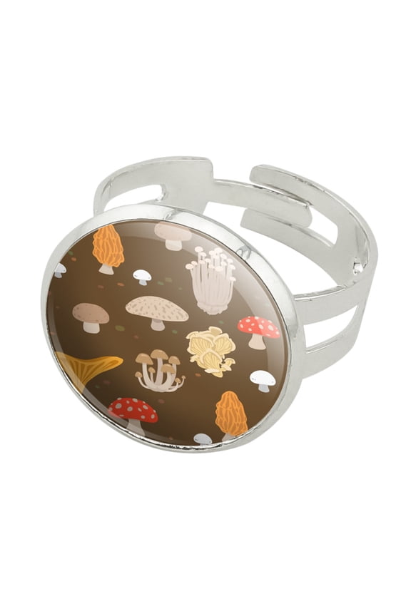 Mushroom Fungi Fungus Pattern Silver Plated Adjustable Novelty Ring
