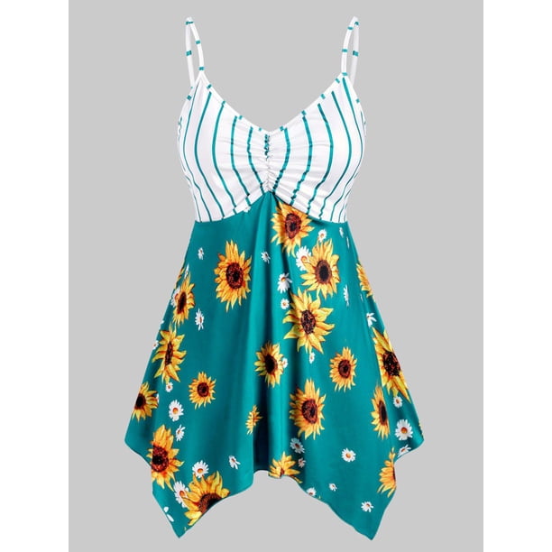 Más el tamaño de rayas girasol Imprimir Pañuelo Tank Top Rosegal Camisetas sin mangas de talla grande