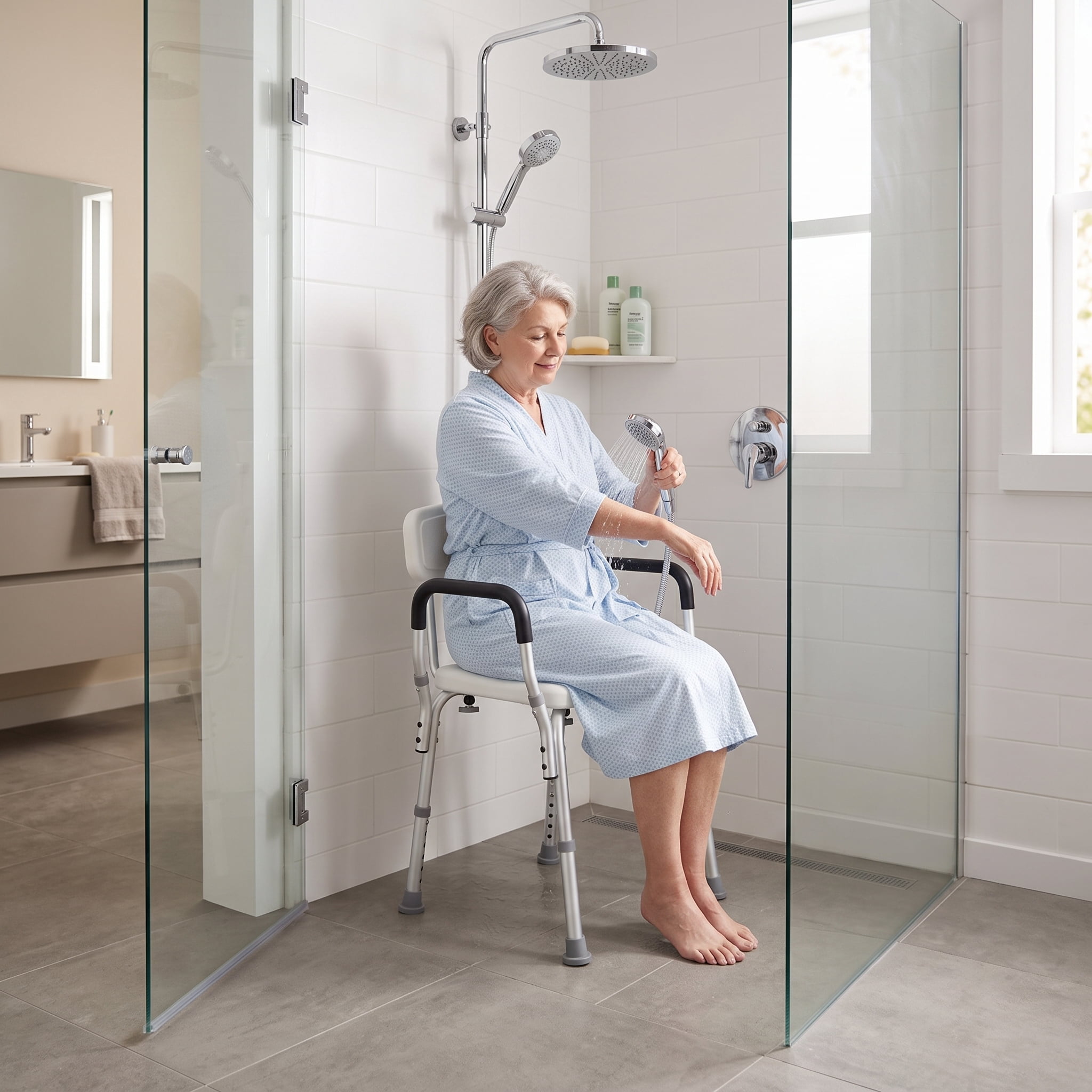 Shower Chair with Armrests & Backrest, 350 lbs Capacity, Adjustable Height 15.35-20.47", Non-Slip, for Seniors Disabled