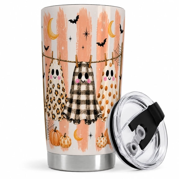 Clothesline Ghosts Tumbler, 20oz Insulated Drinkware for Halloween Fans Stainless steel insulated tumbler with lid, clothesline ghosts and moon art for water, iced coffee, tea, or desk