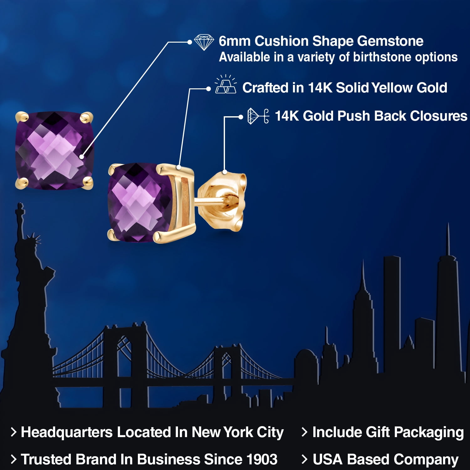 Gem Stone King 14K Yellow Gold Purple Amethyst Double Notch Stud Earrings | 1.40 Cttw | Gemstone February Birthstone | Cushion Checkerboard 6MM | Gold Earrings for Women Men