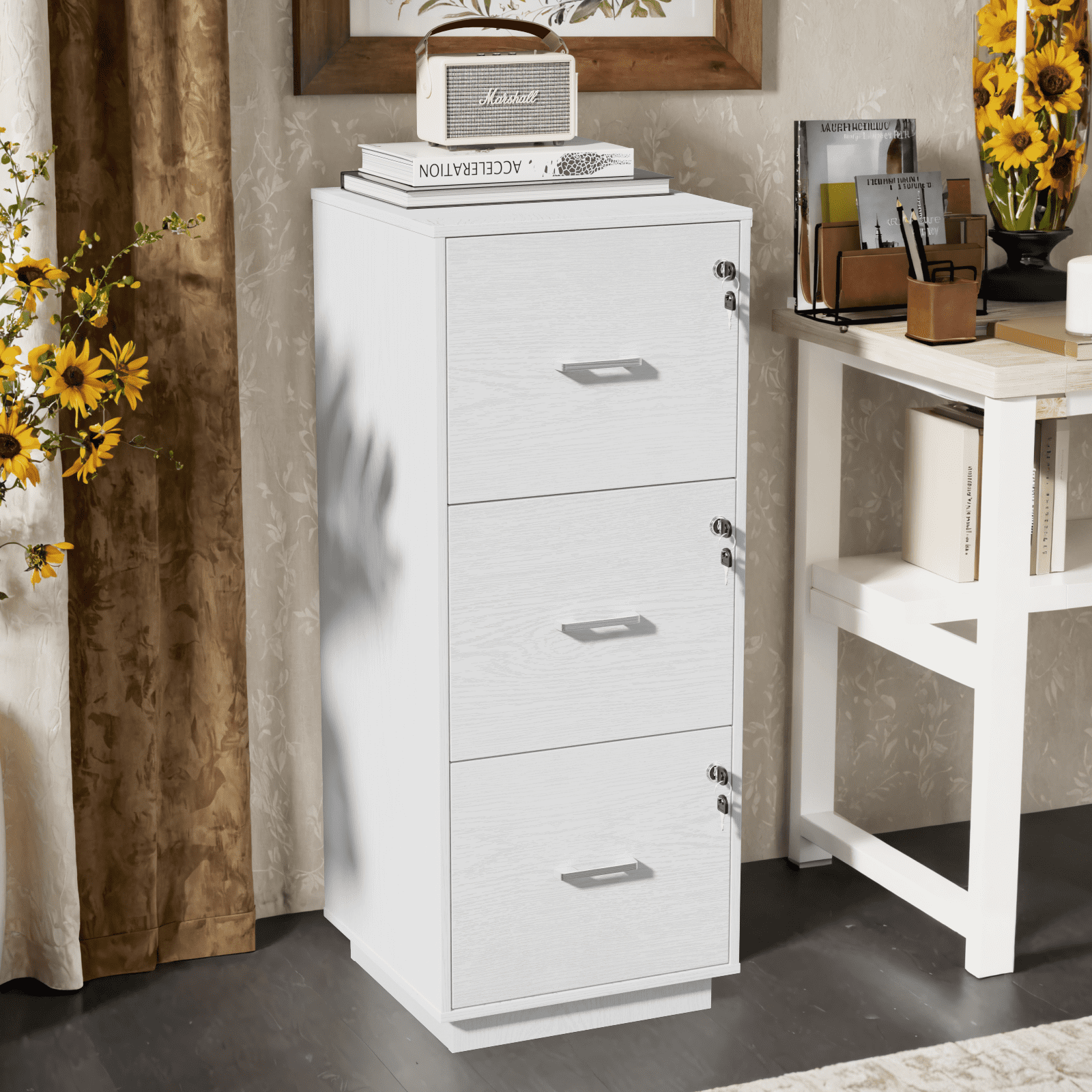 Ktaxon 3-Drawer Wood Lateral File Cabinet Lockable Filing Cabinet with Lock for Home Office Easy to Assemble, White