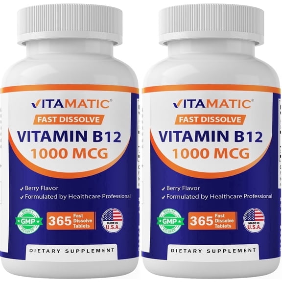 Vitamatic Vitamin B12 1000 mcg Fast Dissolve 365 Tablets - Berry Flavor - Supports Energy Metabolism - 2 Pack