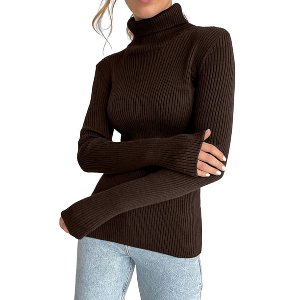 Suéteres Acanalados para Mujer, Lindos Suéteres de Punto de Cuello Alto, Ajustados y Cálidos Color Café un Tamaño