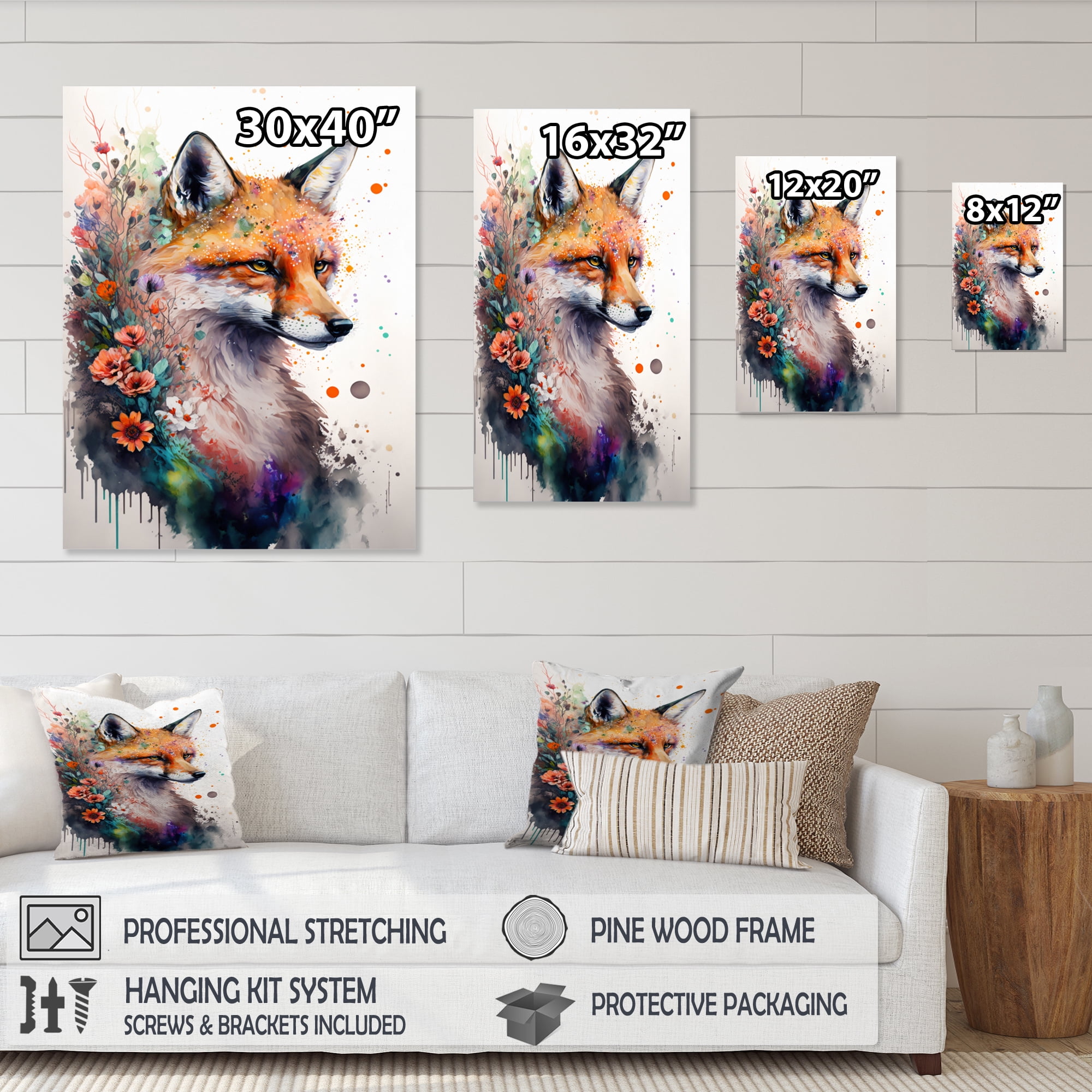 Designart Cute Fox Floral Art I Canvas Wall Art