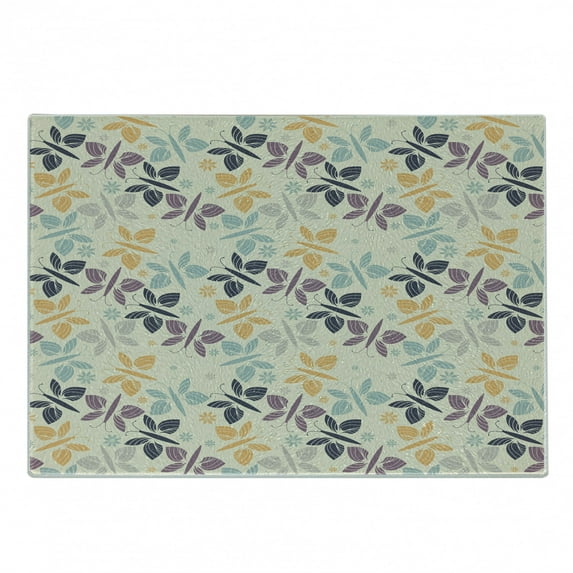Butterfly Cutting Board, Pastel Colored Spring Time Inspired Pattern Butterfly Silhouettes and Blossoms, Decorative Tempered Glass Cutting and Serving Board, Small Size, Multicolor, by Ambesonne