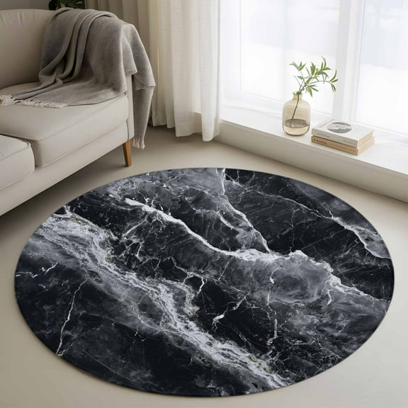Black Marble Round Rug 3ft Washable Circle Entryway Rugs Non Slip Vintage Chic Abstract Texture Aesthetic Area Rug Indoor Floor Carpet for Bedroom Kitchen Living Room Home Office Dining Room Nursery